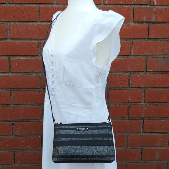 Kate Spade Haven Lane Ramey Leather Black Glitter Stripe Crossbody Bag NWT - Picture 5 of 15